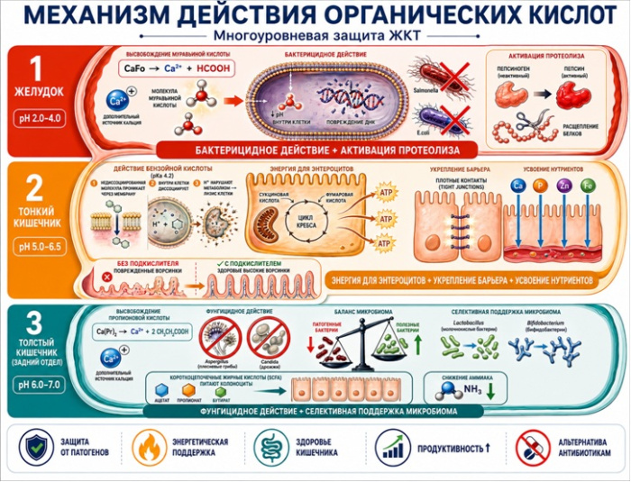 Органические кислоты в кормлении сельскохозяйственной птицы: механизмы действия и эффективность комплексного подкислителя VITOACIDER®